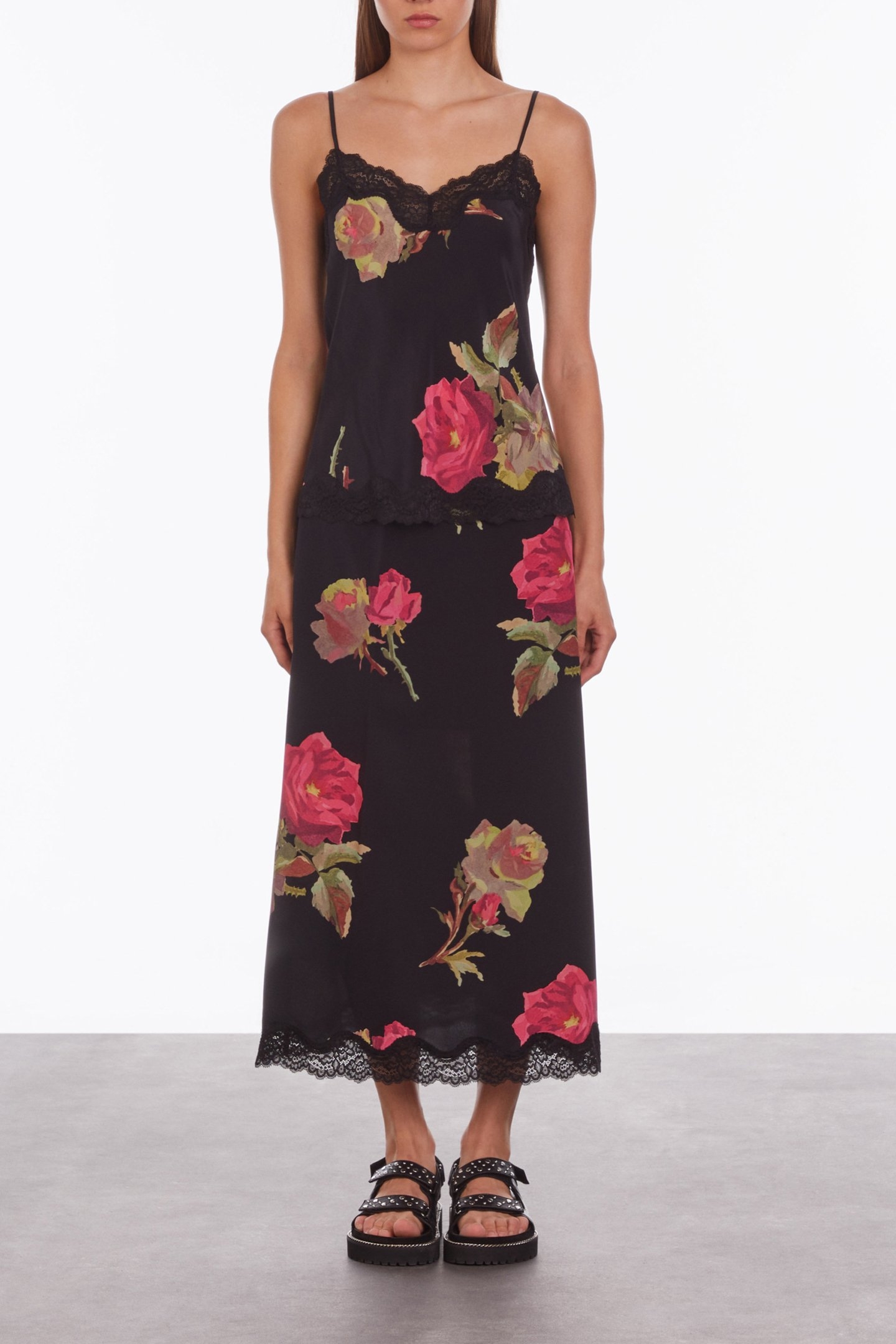 CAMISOLE WITH LACE NECKLINE AND BOTTOM PINK BLACK 1