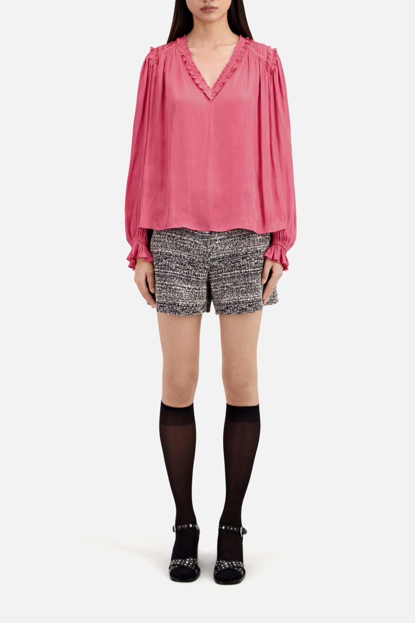 LONG SLEEVE V-NECK TOP WITH FRILLS PINK 2