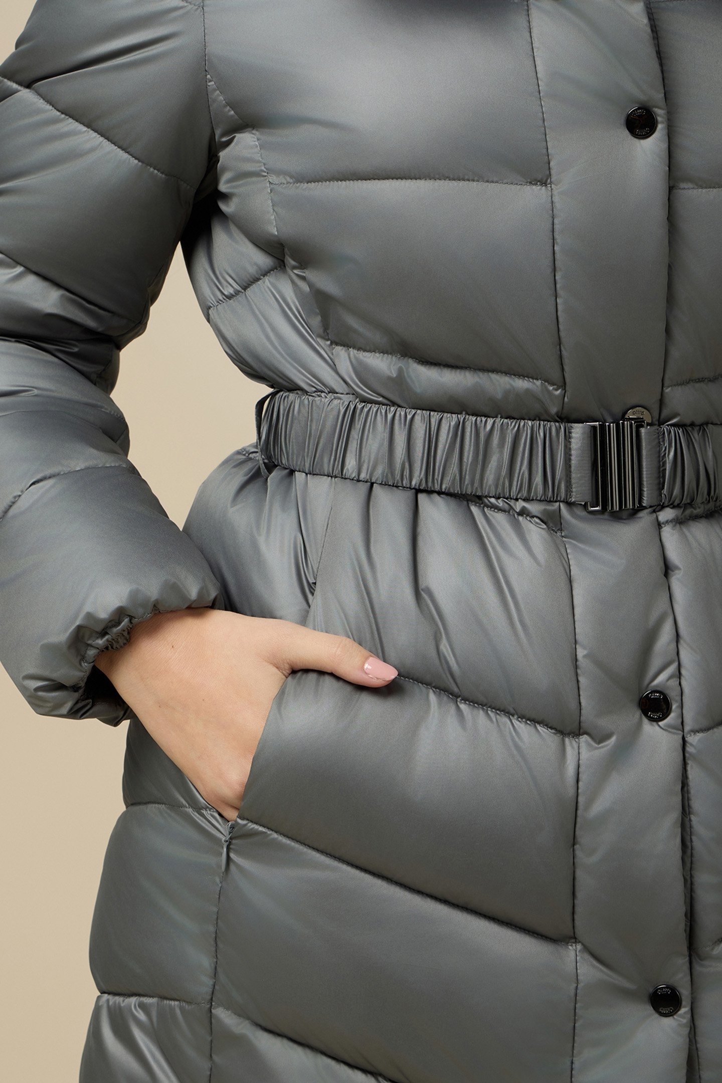 MIDI DOWN JACKET WITH BELT AND FURRY COLLAR GREY 4