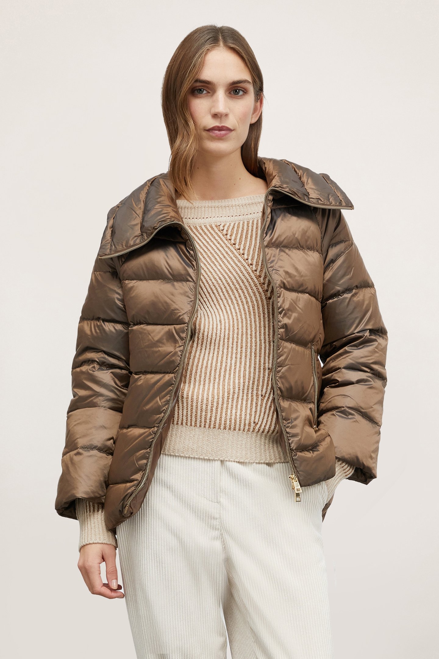 GENUINE DOWN JACKET WITH HIGH COLLAR BROWN 1