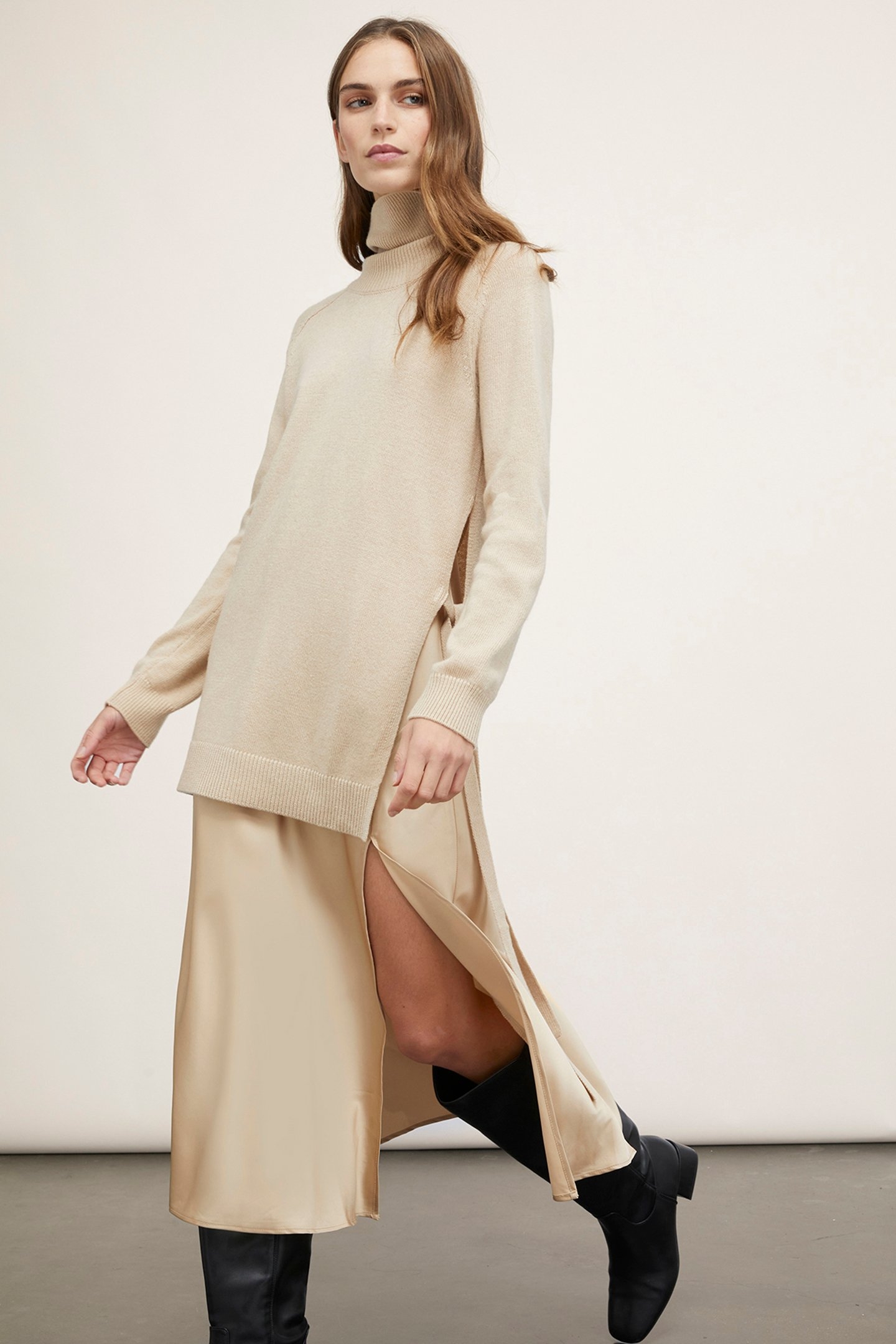 KNIT DRESS WITH SATIN SLIP BEIGE 4