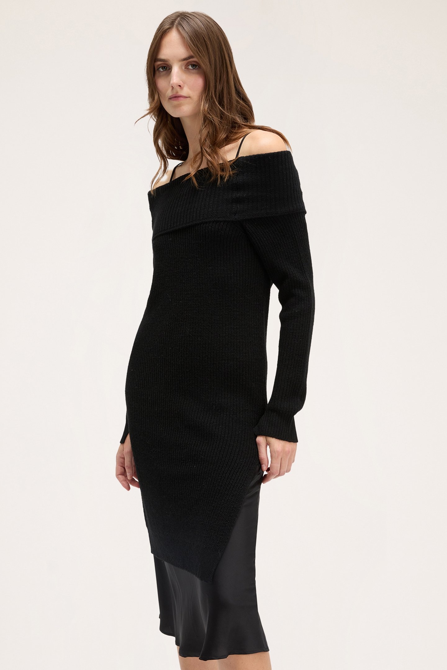 OFF-SHOULDER KNIT DRESS WITH SLIP BLACK 1