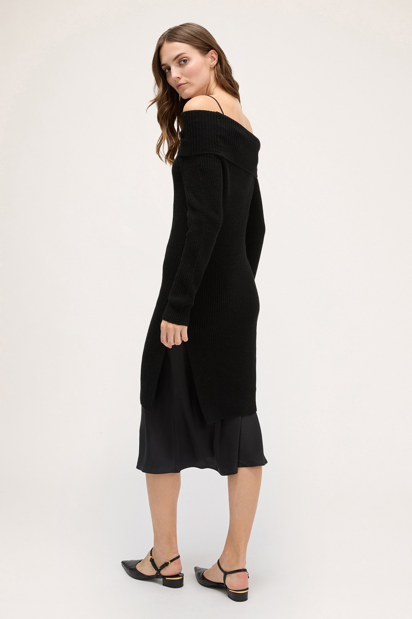 OFF-SHOULDER KNIT DRESS WITH SLIP BLACK 2