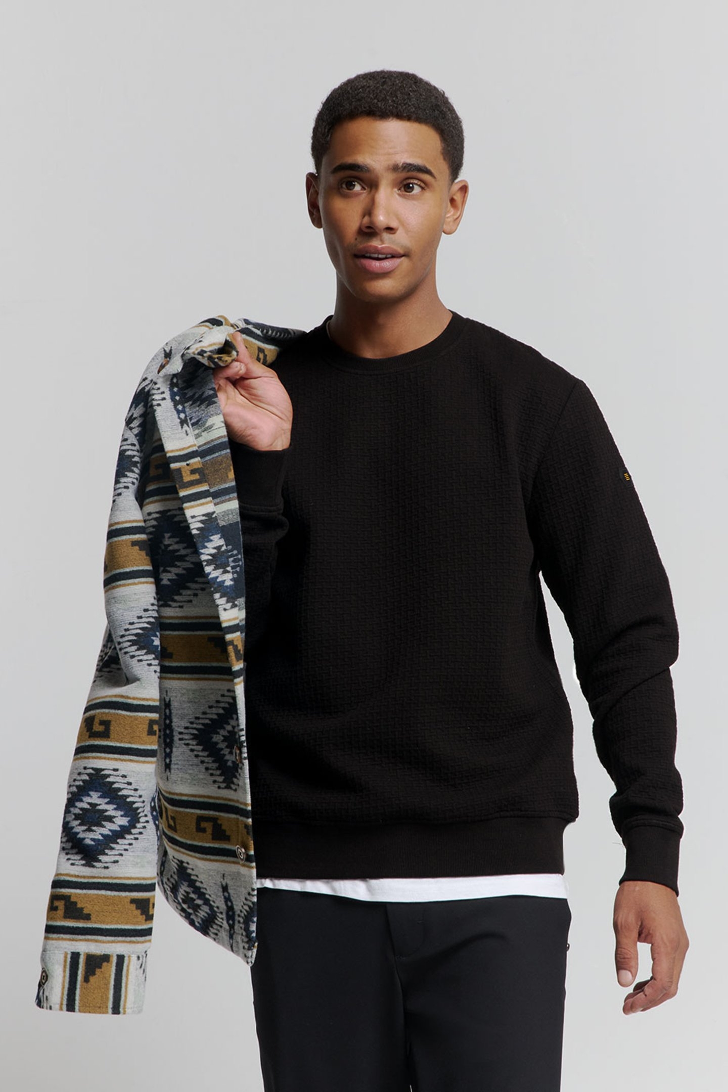 SWEATER CREWNECK DOUBLE LAYER JACQUARD STRETCH BLACK 4