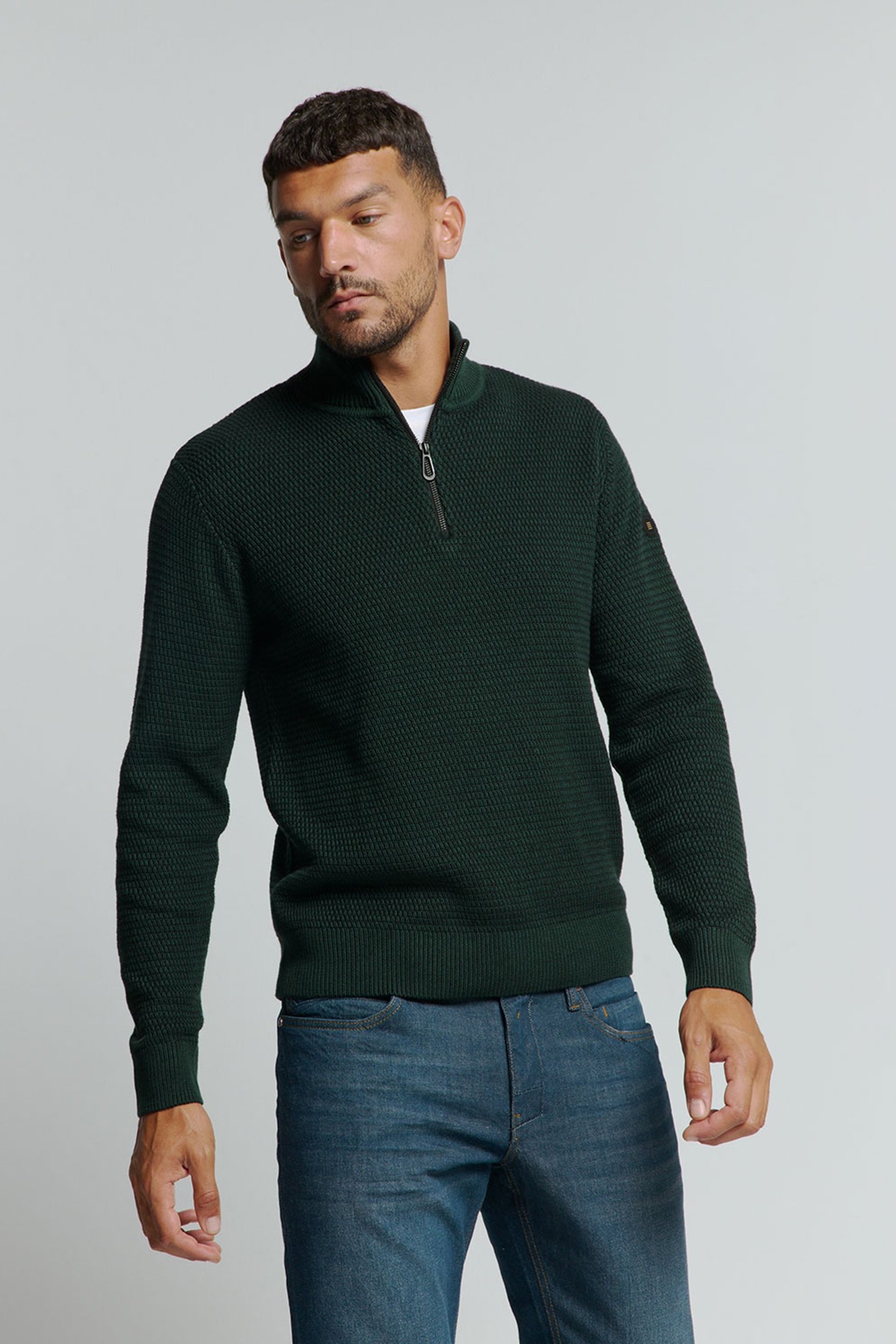 PULLOVER HALF ZIPPER 2 COLOURED MELANGE DARK GREEN 1