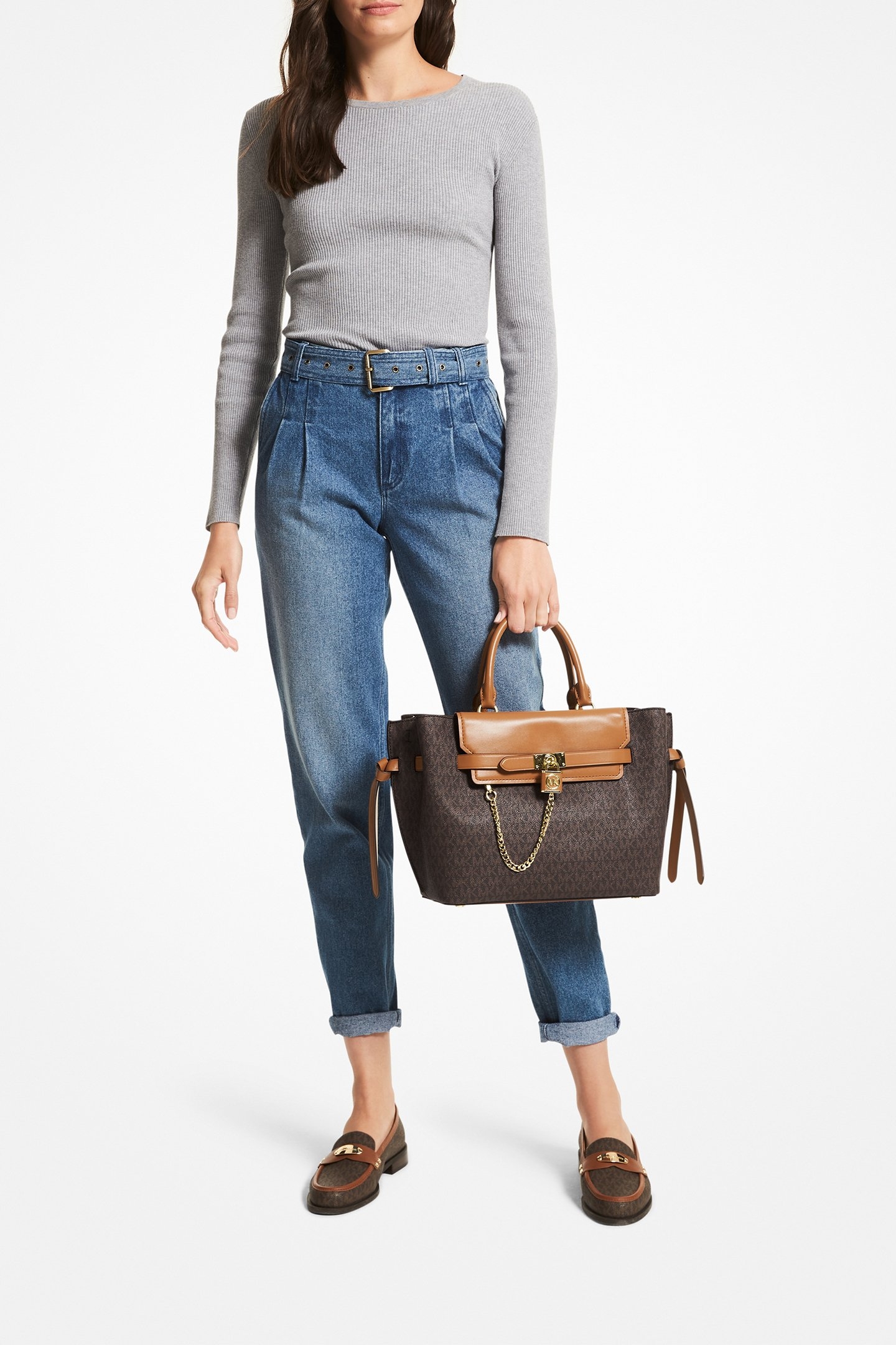 LARGE BELTED SATCHEL WITH CHAIN DETAIL IN BROWN 2