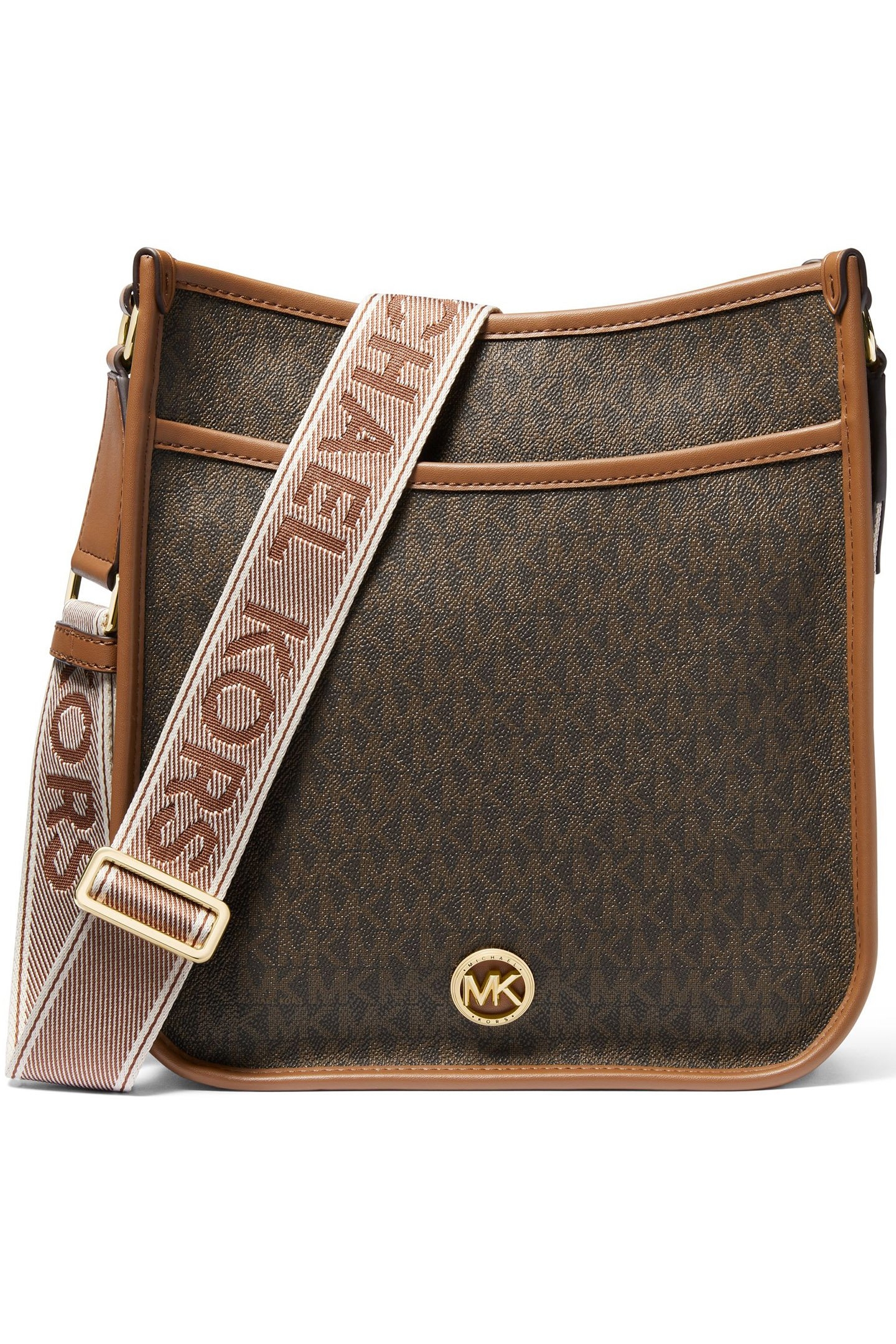 LEATHER MESSENGER BAG WITH LOGO STRAP IN BROWN PRINT 1