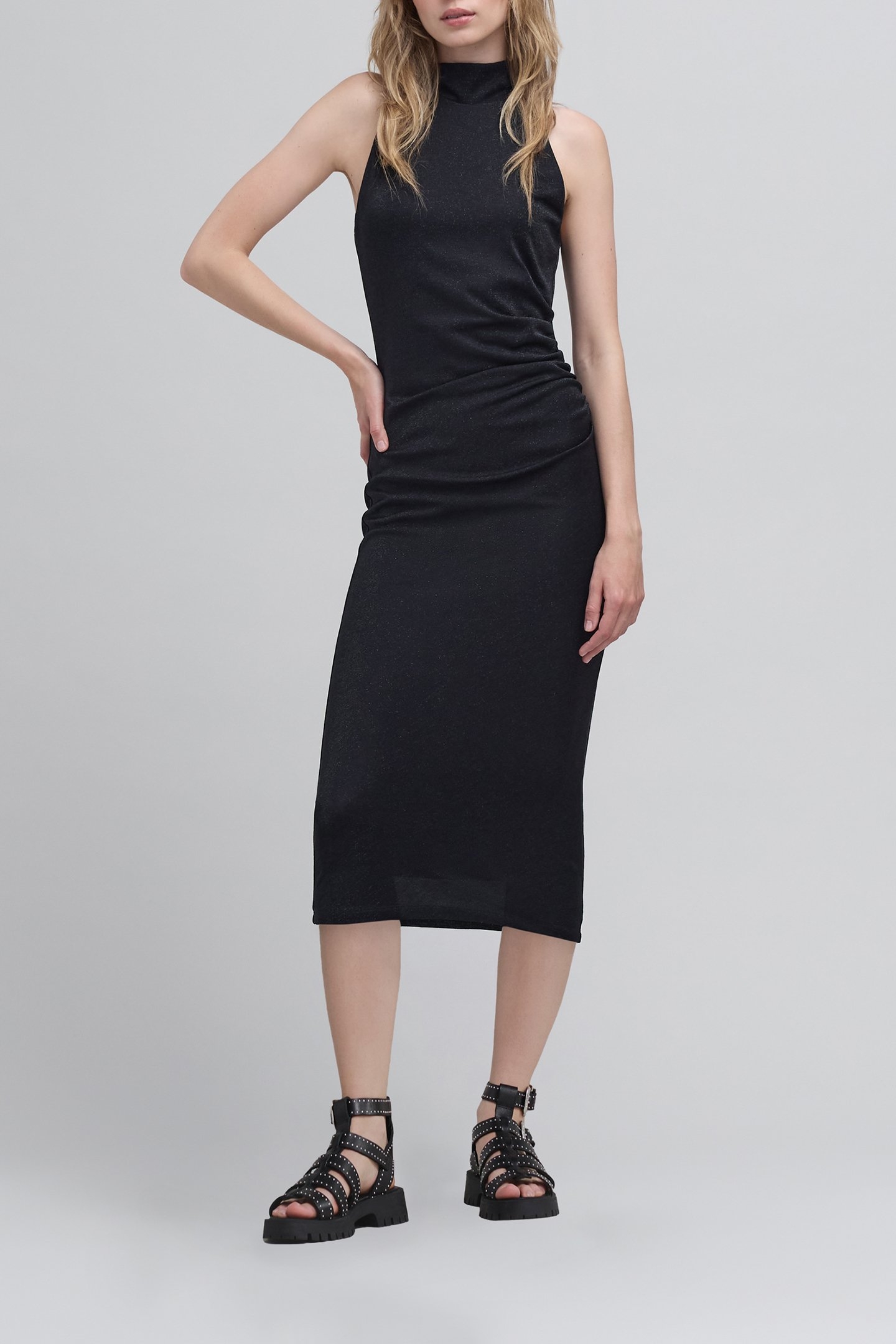 BLACK LUREX MESH DRESS WITH AMERICAN NECKLINE BLACK 1