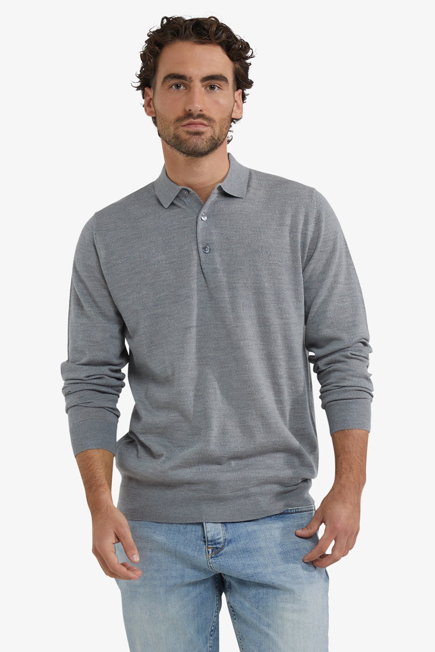 FINE MERINO POLO LONG SLEEVE MEDIUM GREY MELANGE 1
