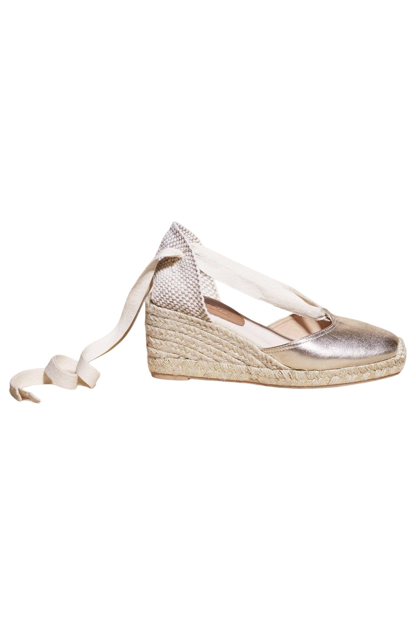 TIE LEATHER ESPADRILLE WEDGE GOLD TONE METALLIC 2
