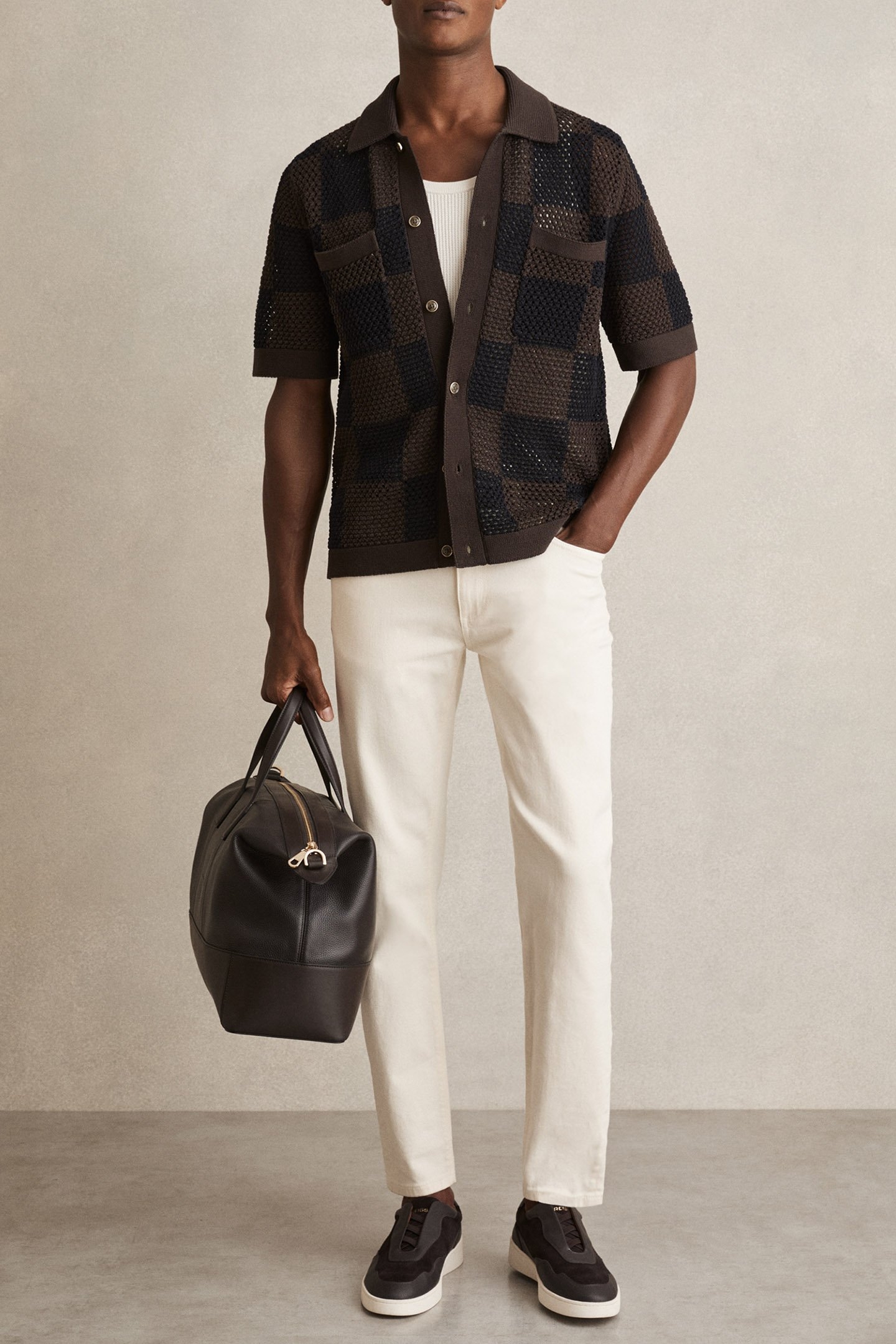 SS BUTTON THROUGH CHECKERBOARD CROCHET SHIRT CHOCOLATE/NAVY 1