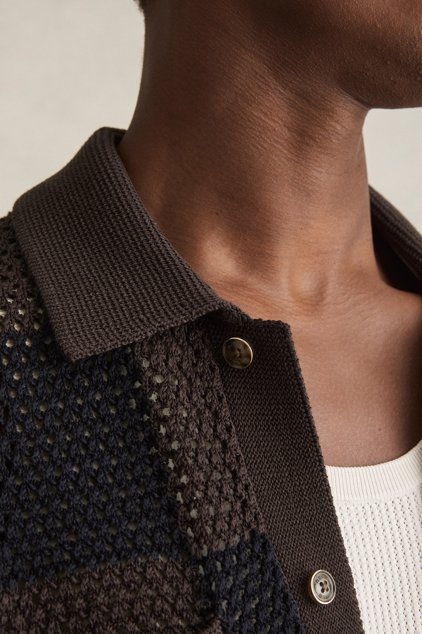 SS BUTTON THROUGH CHECKERBOARD CROCHET SHIRT CHOCOLATE/NAVY 5