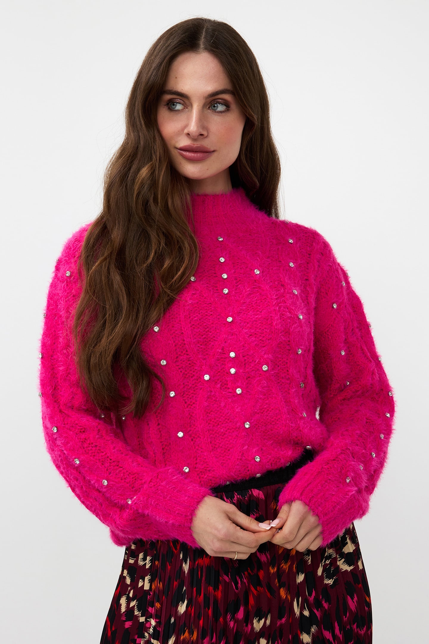 SWEATER CABLE STONES CERISE PINK 1