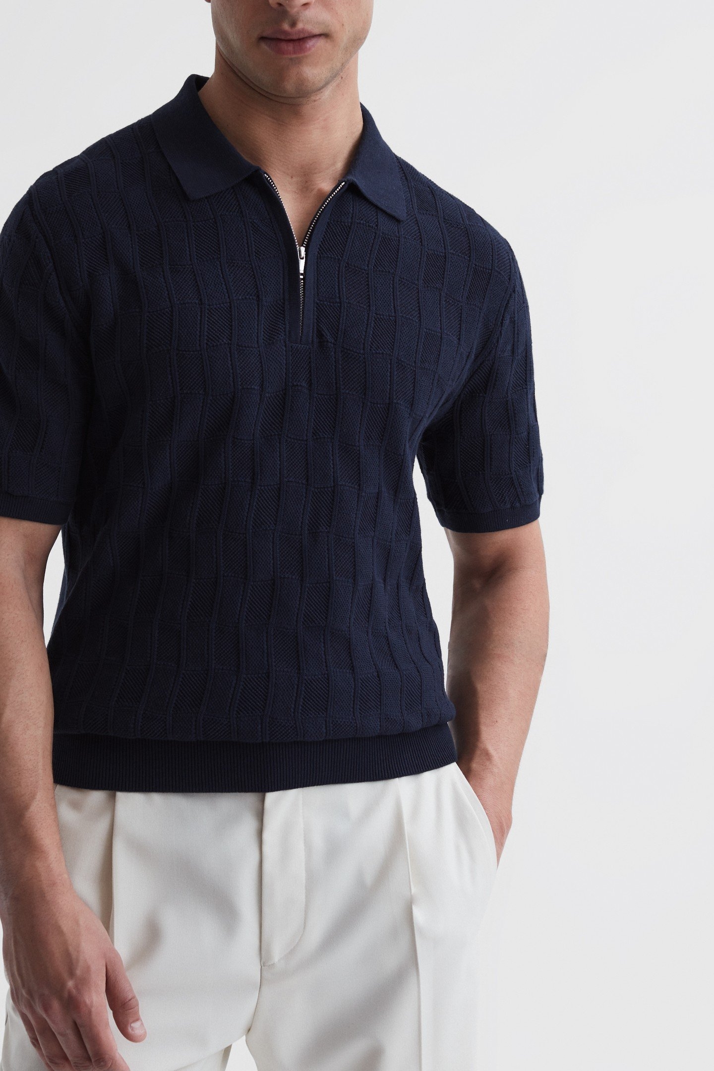 SHORTSLEEVE TEXTURED HALF ZIP POLO NAVY 1