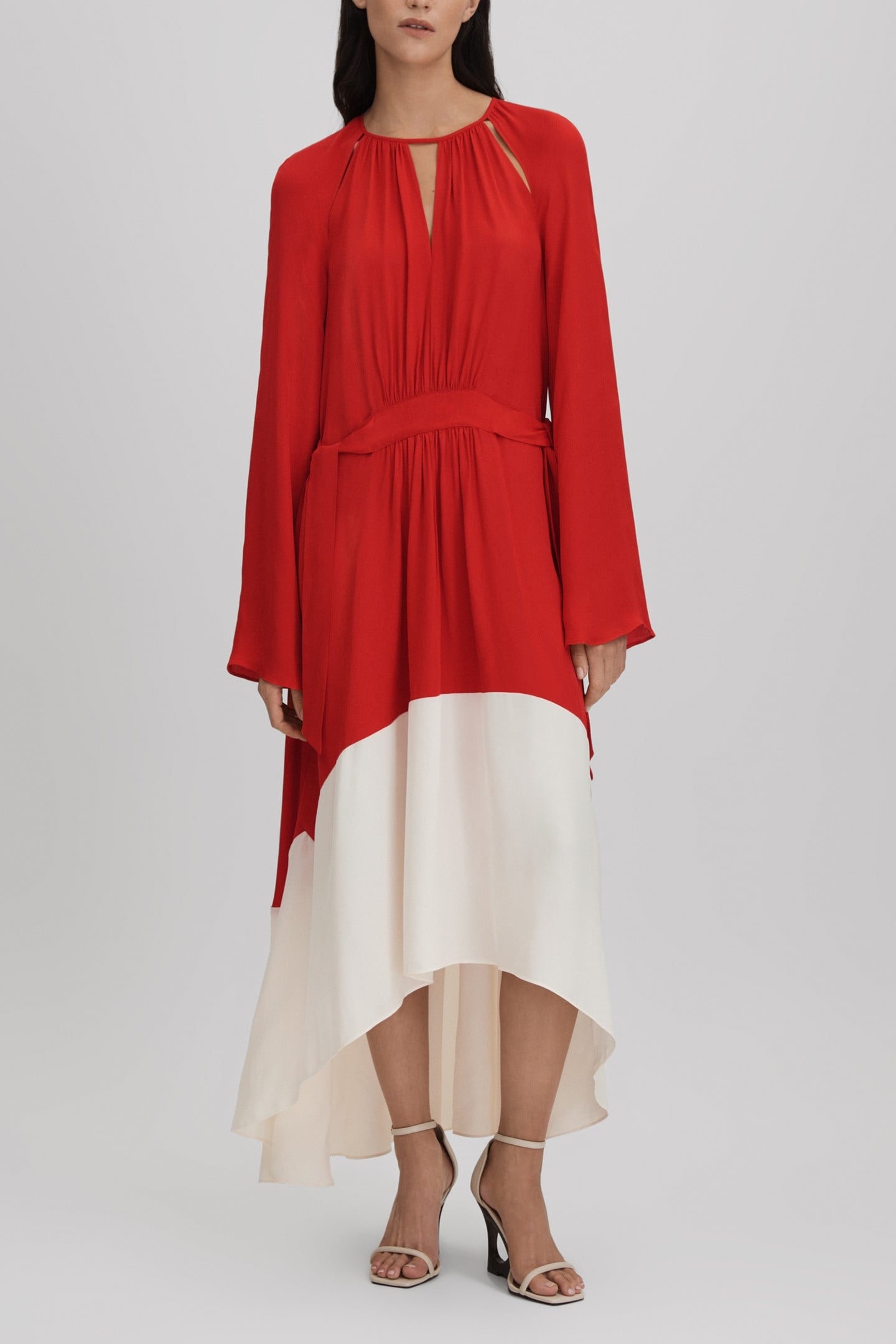 COLOUR BLOCK MIDI DRESS RED/CREAM 1