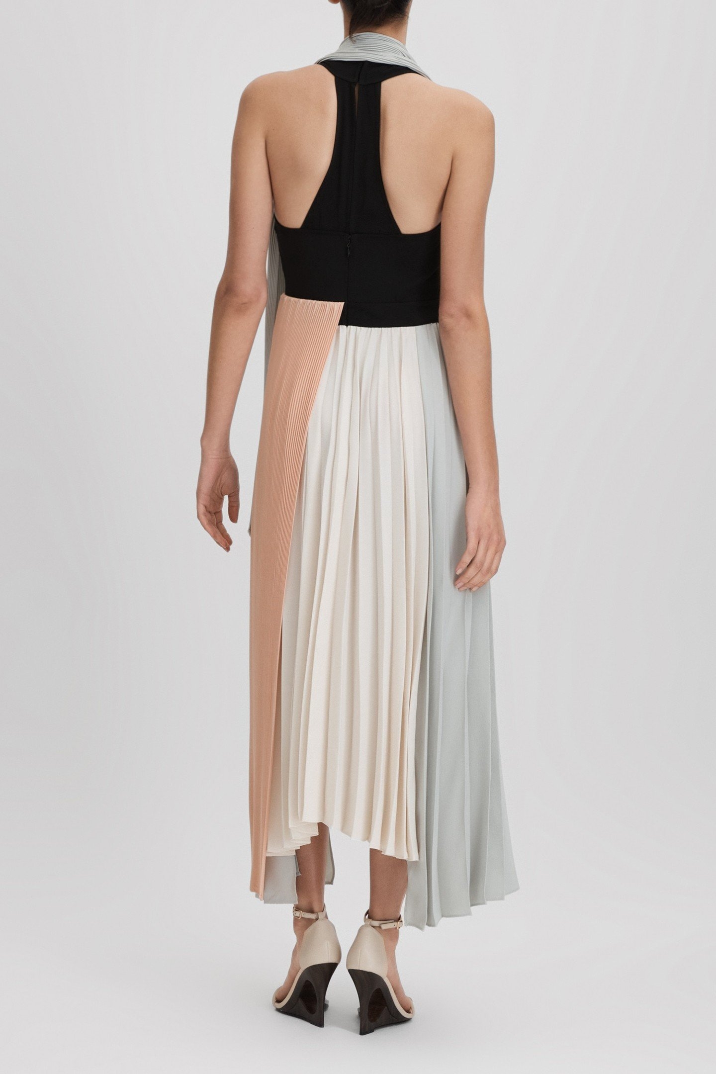 COLOUR BLOCK PLEATED MIDI DRESS PINK/CREAM 4