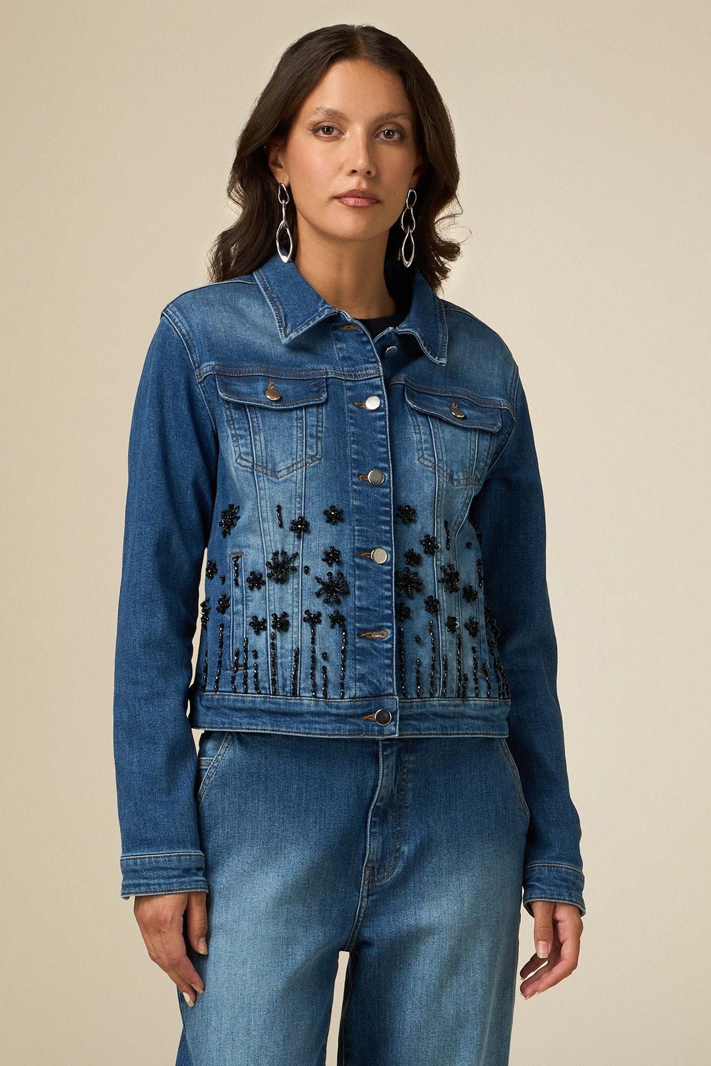 DENIM TRUCKER JACKET WITH JEWEL EMBROIDERY BLUE 1