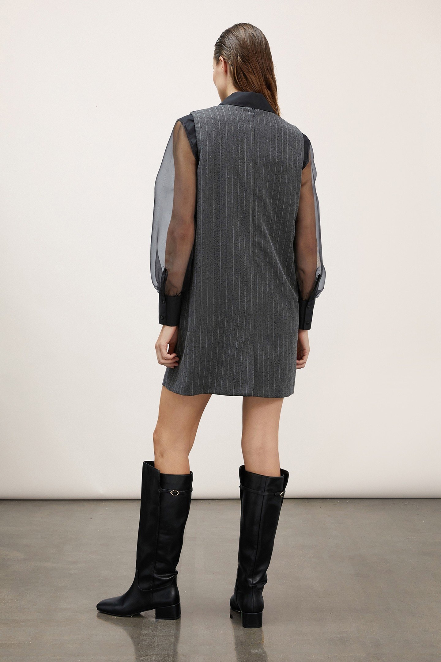 LONG PINSTRIPED SHEATH DRESS WITH CRYSTALS GREY 3