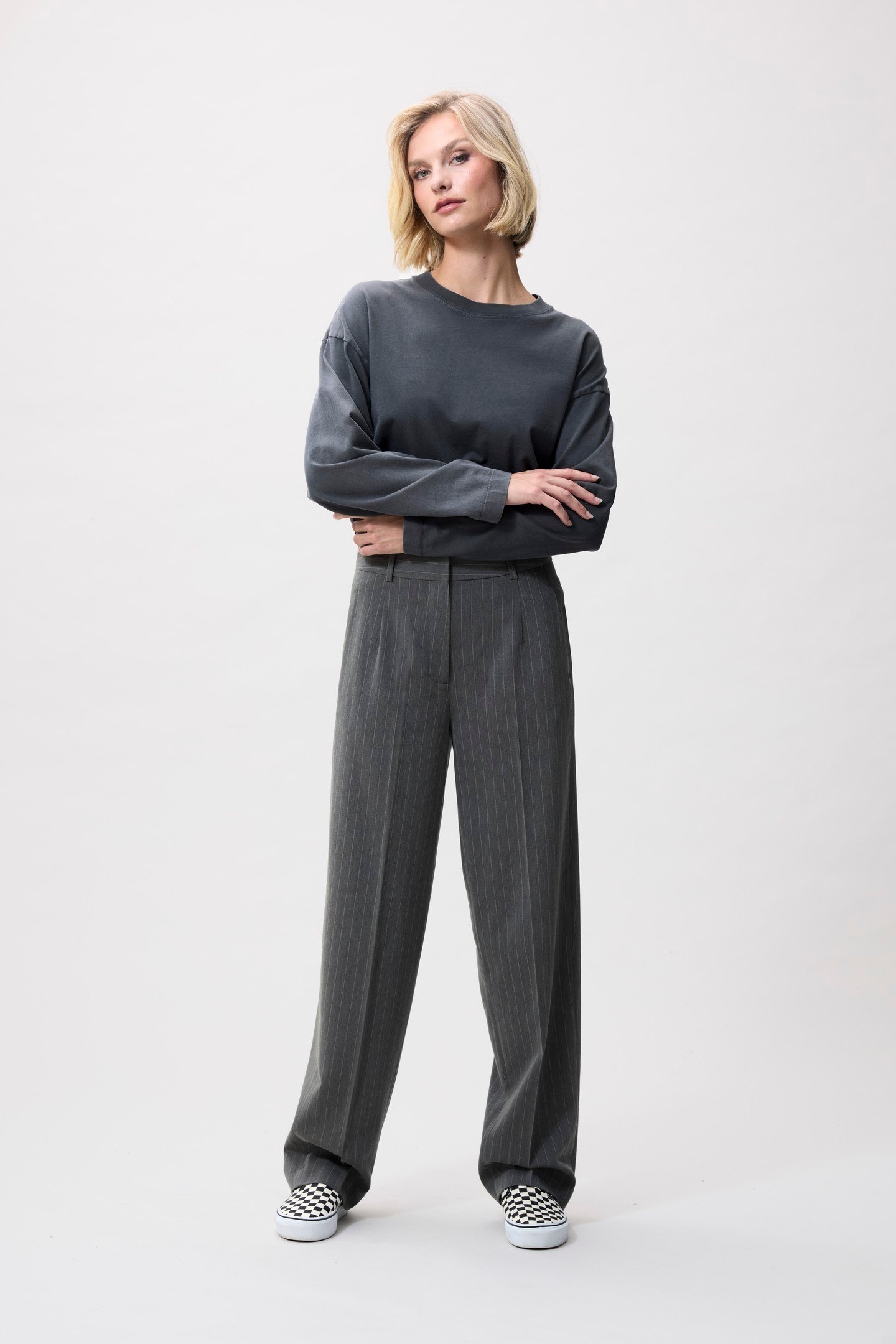 PINSTRIPE TAPERED TROUSERS GREY MELANGE 1