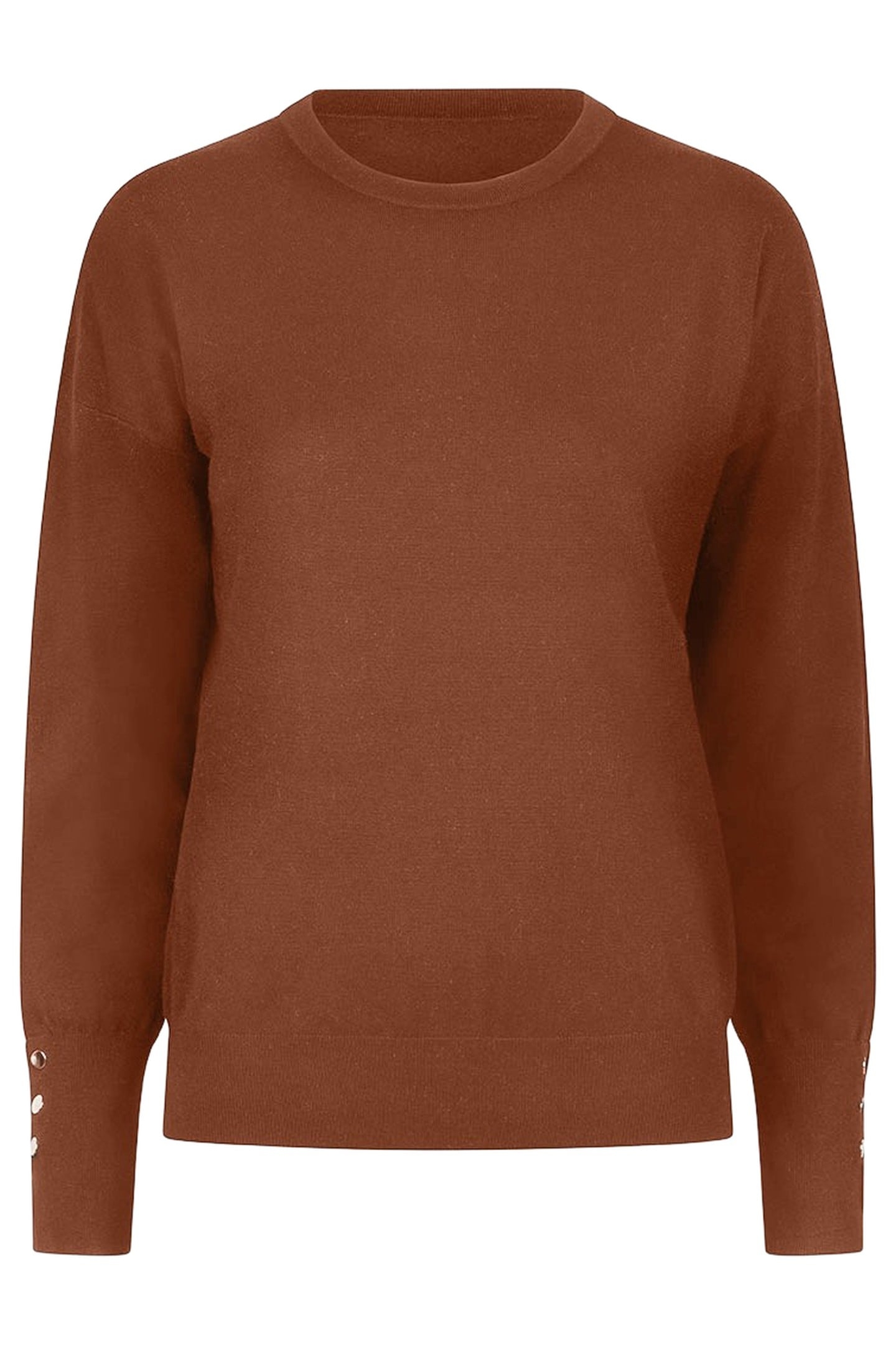 SWEATER R-NECK BUTTONED SLEEVE CUFF BROWN 1